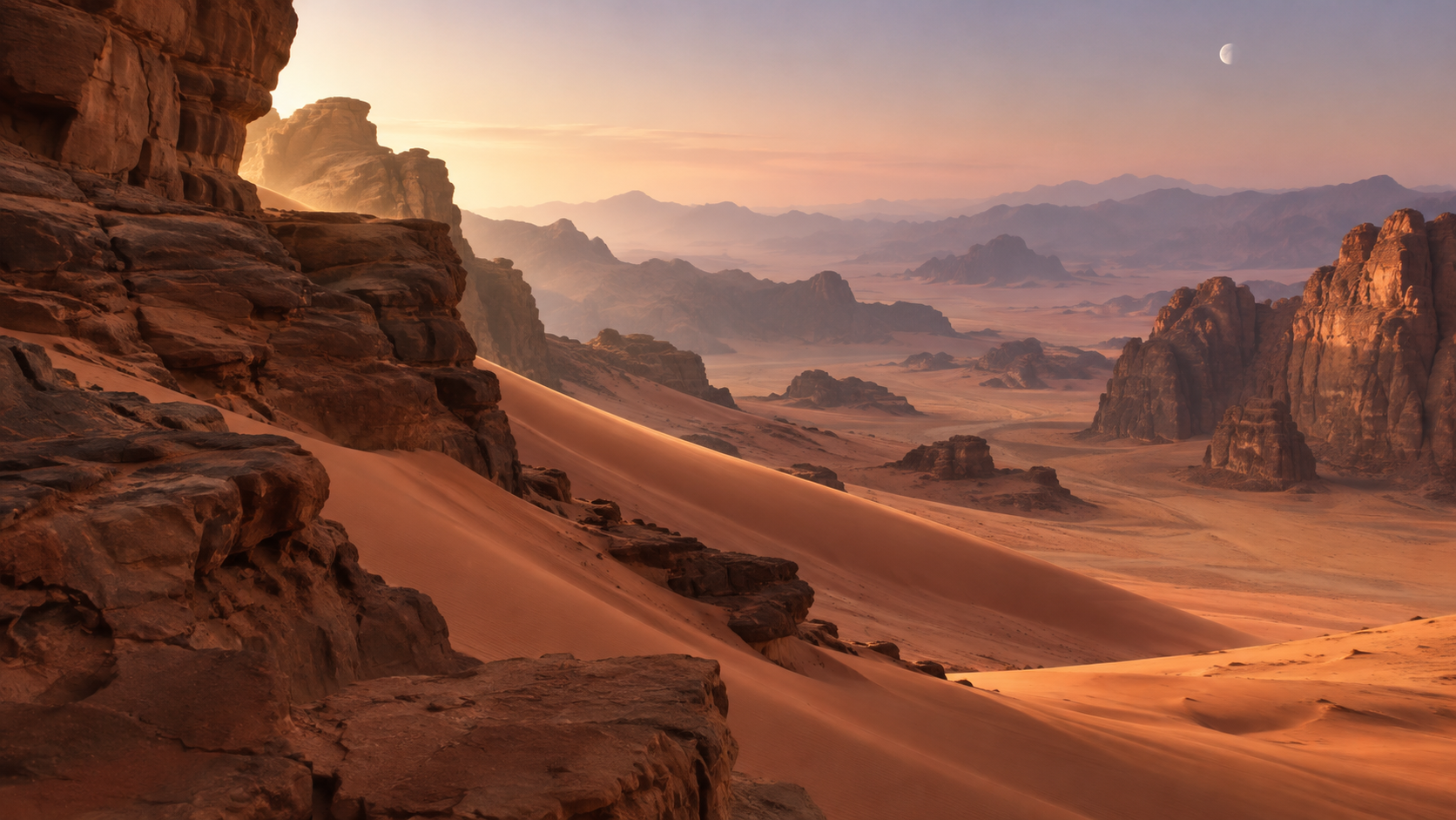 Sunlit sandstone canyon with coral dunes and a pale moon